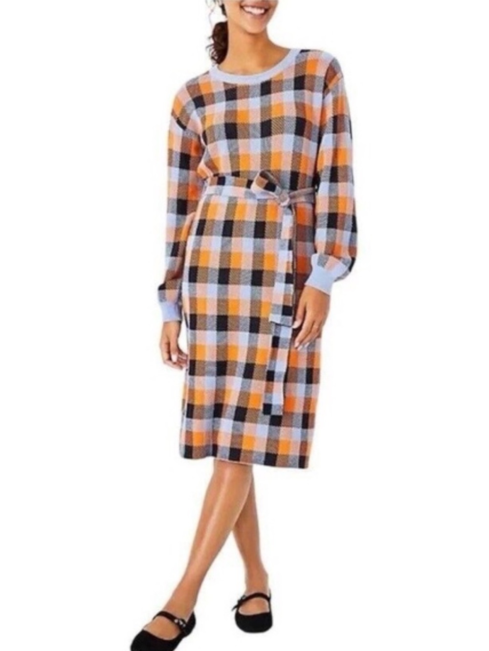 Ann Taylor Check Plaid Belted Midi Sweater Dress